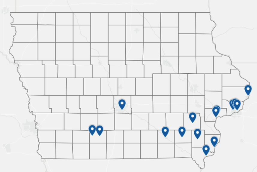 Iowa map showing locations of water kiosks