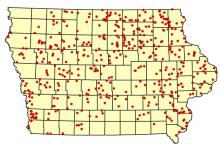 Map of all the well sampling sites in Iowa